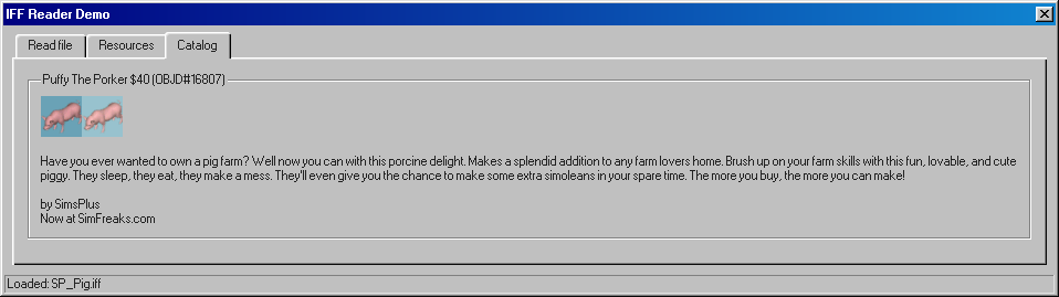 IFF Reader showing SP_Pig.iff by SimsPlus loaded into it